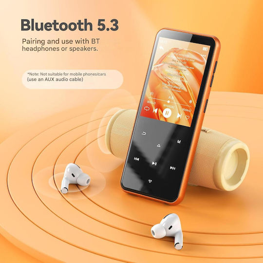 Agptek 64 Gb Mp3 Player Bluetooth 5.3 Ecran de 2.4 Inch Set Căști Cablu Usb Type C Suportă Card Până la 128gb Difuzor Radio Fm E-book Alarmă Portocaliu