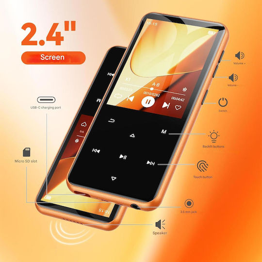 Agptek 64 Gb Mp3 Player Bluetooth 5.3 Ecran de 2.4 Inch Set Căști Cablu Usb Type C Suportă Card Până la 128gb Difuzor Radio Fm E-book Alarmă Portocaliu