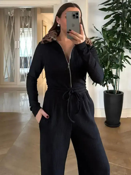 Fleece Damen Strickjacke mit Reissverschluss Schwarze/Leo