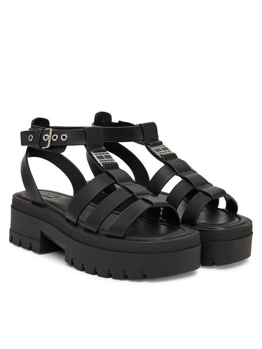 Leder Flache Sandalen für Damen in Schwarz Farbe