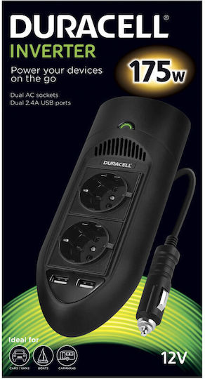Duracell Инвертор за кола Модифицирана синусоидална вълна 175W за преобразуване на 12V DC в 220V AC с 2xUSB