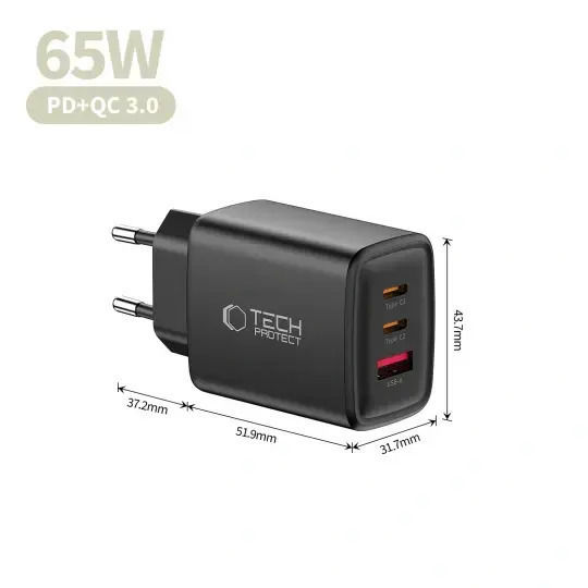 Tech-Protect Зарядно без кабел GaN с USB-A порт и 2 USB-C порта 65W Power Delivery / Quick Charge 3.0 Черен (NCA65W)