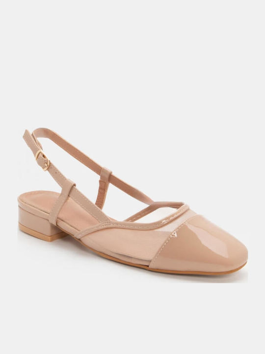 Pointed Toe Beige Low Heels with Strap