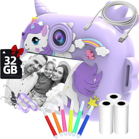 Cameră Pentru Copii Smartic Hd 1080p Rezoluție Baterie 1100mah Ecran 2.4 Inch Card Memorie 32 Gb Funcție Imprimare Instantanee 4 Jocuri 4 Role de Imprimare Mp3 Mod Selfie 6 Markere