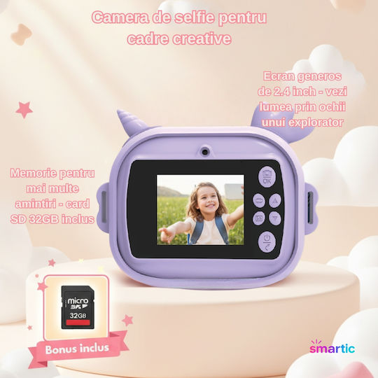 Cameră Pentru Copii Smartic Hd 1080p Rezoluție Baterie 1100mah Ecran 2.4 Inch Card Memorie 32 Gb Funcție Imprimare Instantanee 4 Jocuri 4 Role de Imprimare Mp3 Mod Selfie 6 Markere