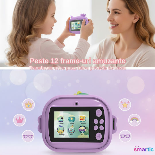 Cameră Pentru Copii Smartic Hd 1080p Rezoluție Baterie 1100mah Ecran 2.4 Inch Card Memorie 32 Gb Funcție Imprimare Instantanee 4 Jocuri 4 Role de Imprimare Mp3 Mod Selfie 6 Markere