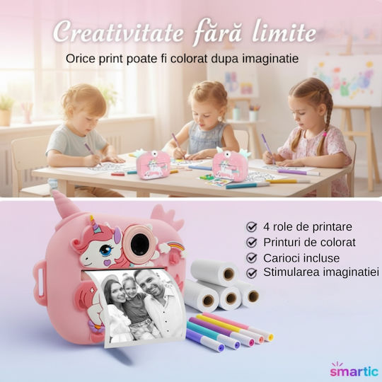 Smartic Cameră Pentru Copii Hd 1080p Rezoluție Baterie 1100mah Ecran 2.4 Inch Card Memorie 32 Gb Funcție Imprimare Instant 4 Jocuri 4 Role Imprimare Mp3 Mod Selfie 6 Markere