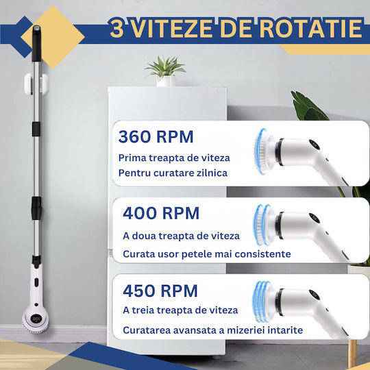 Perie Electrică Rotativă Curățare Eficientă Inco Multifuncțională Fără Fir Mâner Extensibil Afișaj Digital Lcd 9 Capete Diferite Suprafețe Diverse 3 Viteze Reglabile Usb Tip-c Baterie Reîncărcabilă 2500mah Baterie Albă