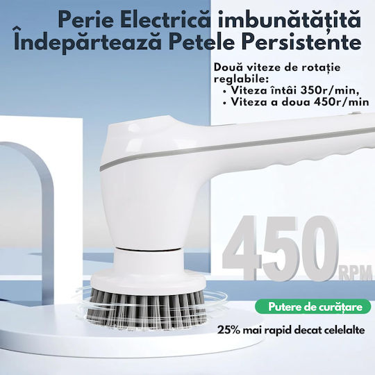 Perie Electrică Rotativă Curățare Eficientă Fără Efort Inco Multifuncțională Fără Fir Mâner Fix Afișaj Digital Lcd 7 Capete Diferite Suprafețe Variate 2 Viteze Reglabile Usb Tip-c Baterie Reîncărcabilă 2500mah Viteză 450 Rpm Albă