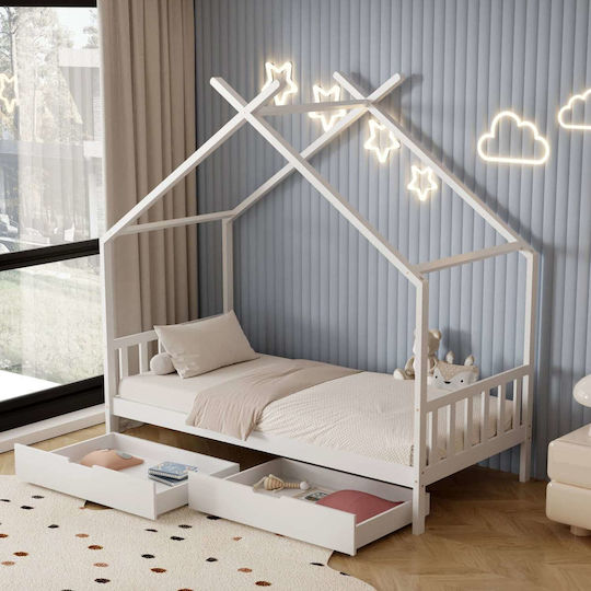Pat Pentru Copii Clasic Single Cu Saltea Și Spațiu De Stocare Alb 90x190cm