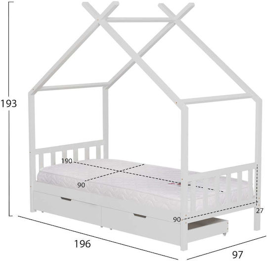 Pat Pentru Copii Clasic Single Cu Saltea Și Spațiu De Stocare Alb 90x190cm
