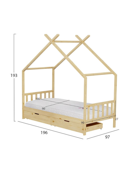 Pat Pentru Copii Single Cu Saltea Și Spațiu De Stocare Bej 90x190cm