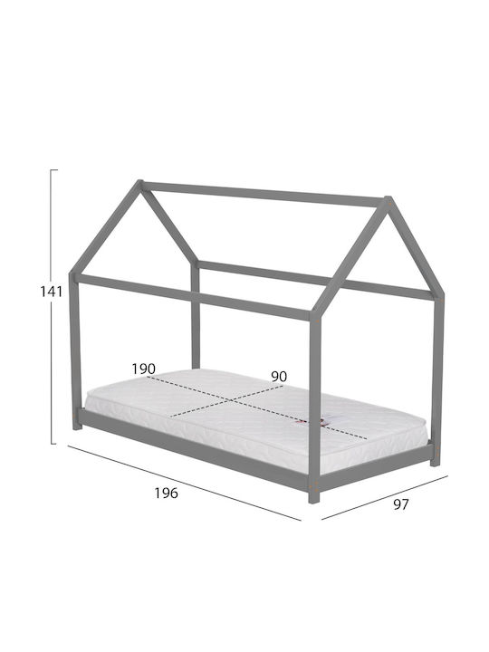 Pat Pentru Copii Clasic Single Cu Saltea Gri 90x190cm