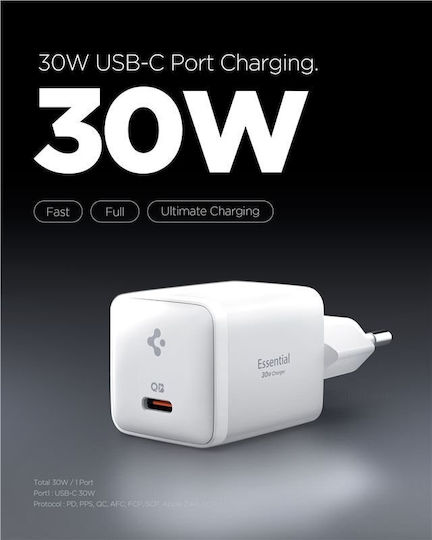 Spigen Зарядно без кабел с USB-C порт 30W Quick Charge 2.0 / Quick Charge 3.0 Бял (Essential)