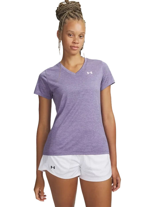 Twist Women's Athletic Blouse Short Sleeve Fast Drying with V Neckline & Sheerness Purple