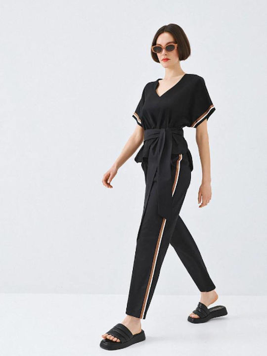 Women's Cotton Short Sleeve Top with V-Neck Striped Black