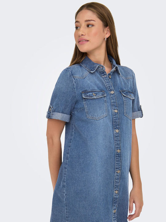 Summer Midi Shirt Dress Denim Medium Blue Denim