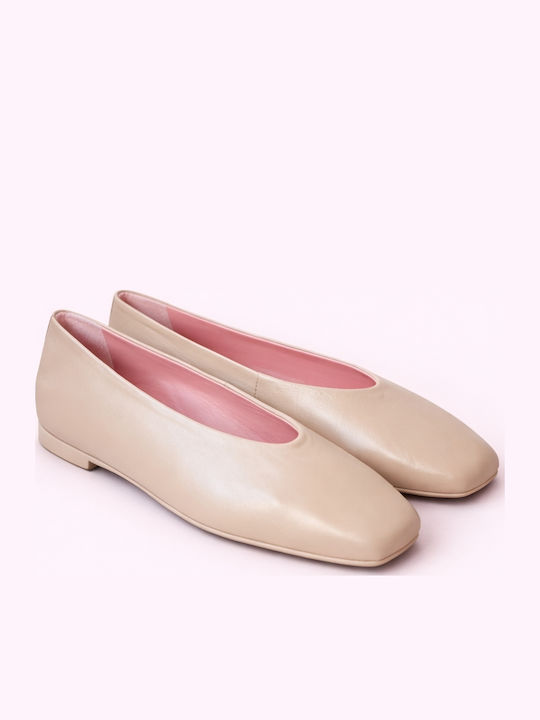 Camille Leather Women's Ballerina Shoes In Beige Color
