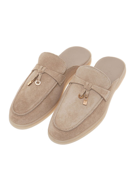 Flat Suede Mules in Beige Color