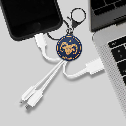 Yello Koko 3-in-1 Mehrere Anschlusskabel Micro-usb Usb-c Blitzschlag Design Aries Schlüsselanhänger Weiß