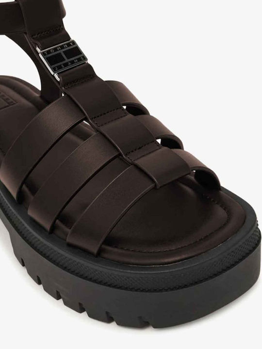 Leather Women's Flat Sandals in Brown Color