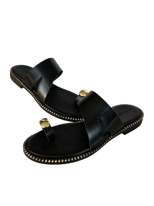 Leather Women's Flat Sandals in Black Color