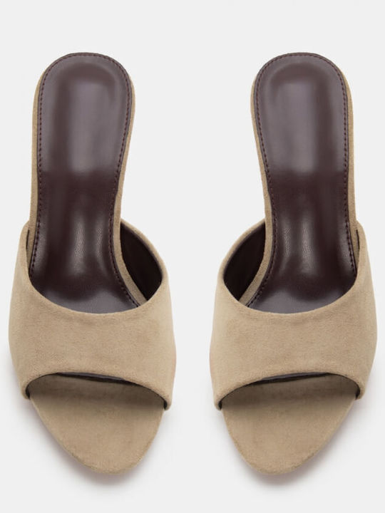 Suede Women's Mules with Thin High Heel in Turquoise Color