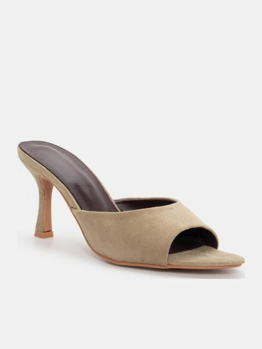 Suede Women's Mules with Thin High Heel in Turquoise Color