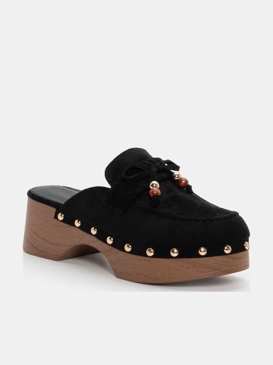 Suede Mules με Χαμηλό Τακούνι σε Μαύρο Χρώμα