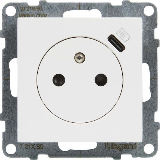 Legrand Suno Flat Socket 2p+e 16 A Μονή Χωνευτή Πρίζα Ρεύματος Αυτόματων Ακροδεκτών με 1 Θύρα USB Λευκή
