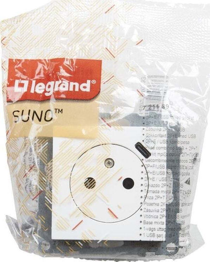 Legrand Suno Flat Socket 2p+e 16 A Μονή Χωνευτή Πρίζα Ρεύματος Αυτόματων Ακροδεκτών με 1 Θύρα USB Λευκή