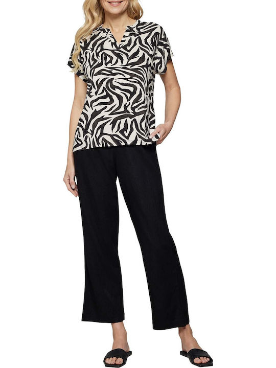 Signature Bluza Damă cu Decolteu în V Animal Print Neagră