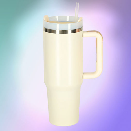 ikonka Pahar cu mâner Termos Oțel inoxidabil / Plastic 1.2lt Cream cu Pai și Mâner