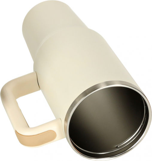ikonka Pahar cu mâner Termos Oțel inoxidabil / Plastic 1.2lt Cream cu Pai și Mâner