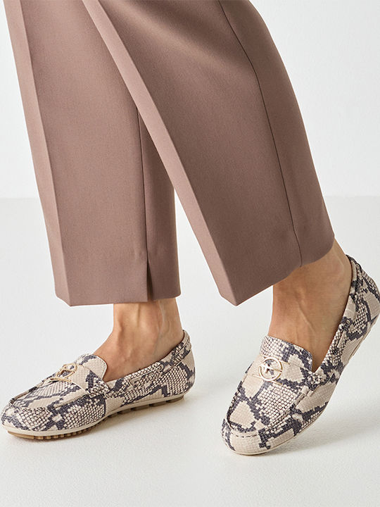 Leather Women's Loafers in Beige Color