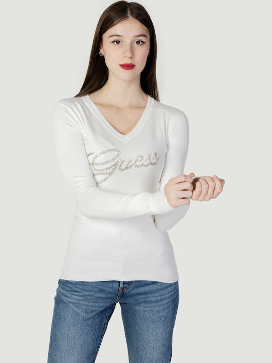 Bluza Damă Bumbac Mânecă Lungă cu Decolteu în V Albă