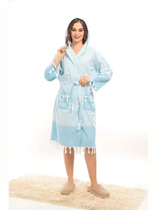 SteweHome Blaues Damen Bademantel mit Kapuze Dünn 100% Baumwolle S M