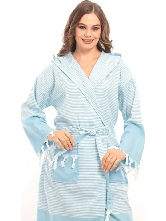 SteweHome Blaues Damen Bademantel mit Kapuze Dünn 100% Baumwolle S M