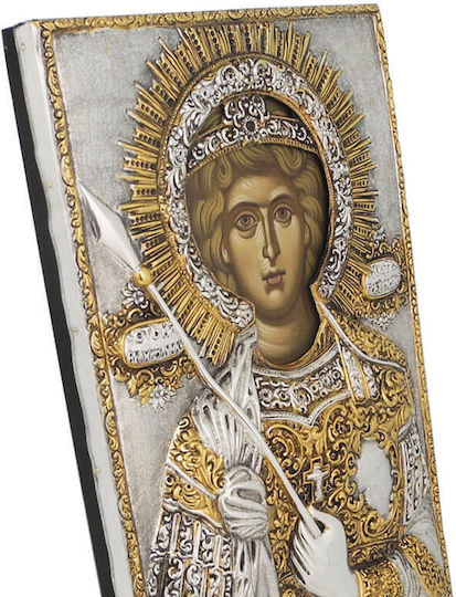 St. Georg Russische Silberne Heiligenikone Mit Goldüberzug 36x22cm