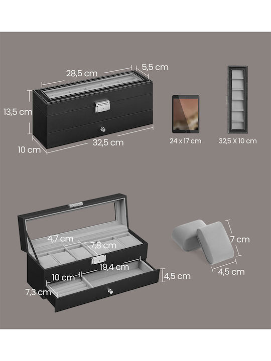 Songmics Jewellery Box Faux Leather with Drawer Black 32.5x10x13.5cm