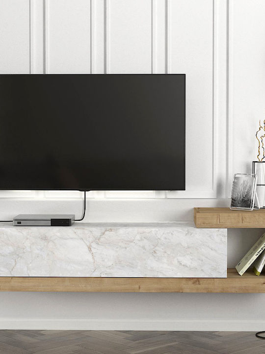 TV Stand Volare Made of Metal & Wood White Marble Effect - Sapphire Oak L150xD29.6xH38.6cm