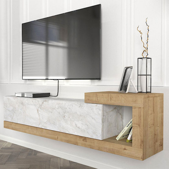 Телевизионно Мебелче Volare от Метал и Дърво Бял Мраморен Ефект - Sapphire Oak Д150xД29.6xВ38.6см