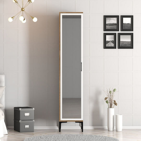 Narrow Wardrobe 1 Door with Mirror Interior Organization Walnut White 40×47.5×201.4 cm