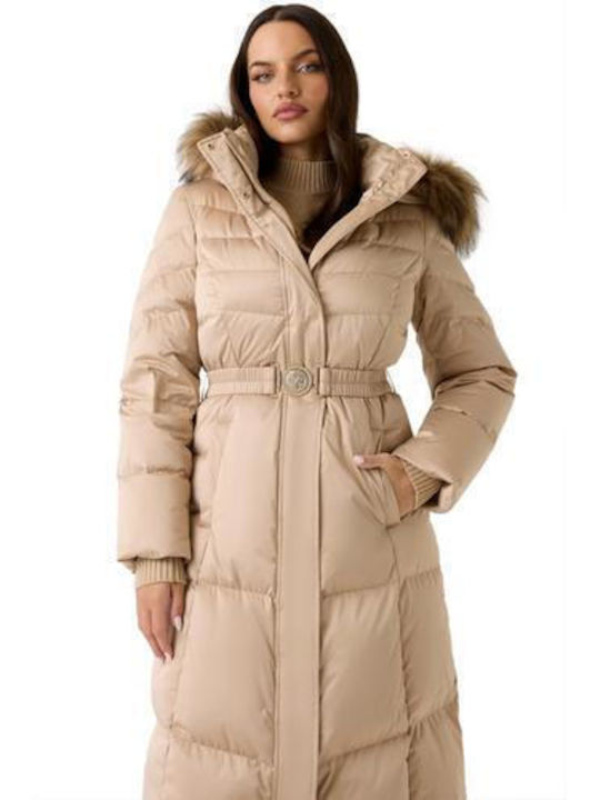 Women's Long Puffer Jacket for Winter with Hood Cemento Multi
