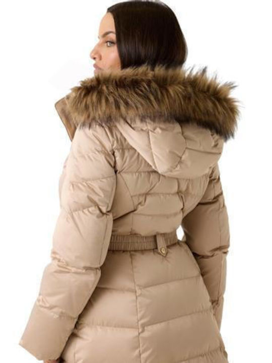 Women's Long Puffer Jacket for Winter with Hood Cemento Multi