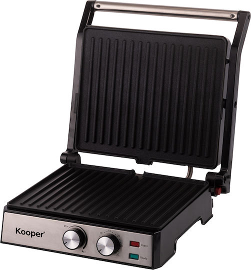 Kooper Tabletop Electric Grill Ribbed Plate 2000W Inox with Lid and Adjustable Thermostat