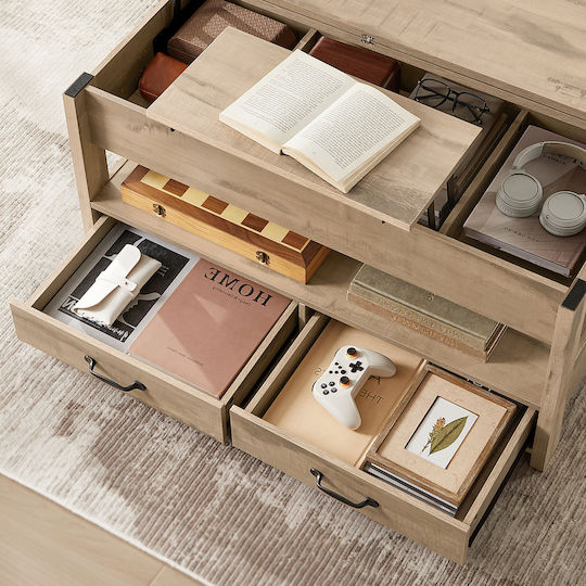 Rectangular Central Wooden Coffee Table with Lifting Mechanism and Drawers Beige M100xW50xH49.1cm