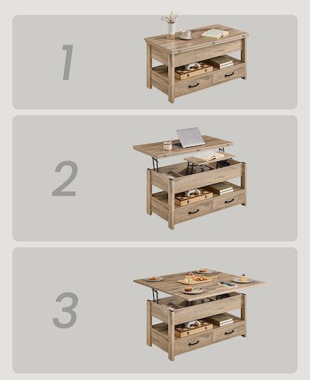 Rectangular Central Wooden Coffee Table with Lifting Mechanism and Drawers Beige M100xW50xH49.1cm