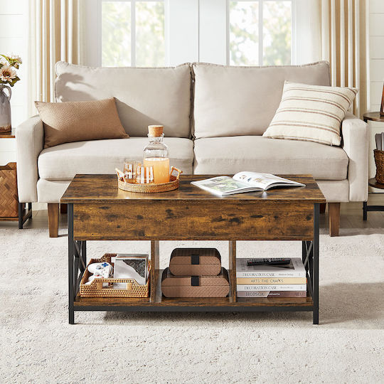 Rectangular Central Wooden Coffee Table with Lifting Mechanism Rustic Brown Black W100xD50xH49cm