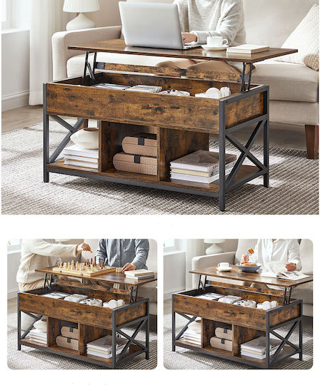 Rectangular Central Wooden Coffee Table with Lifting Mechanism Rustic Brown Black W100xD50xH49cm